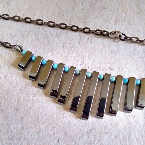 Ocean Soul & Earth Strength. Unique Hematite + Larimar Fan Necklace - Picture 4 of 8